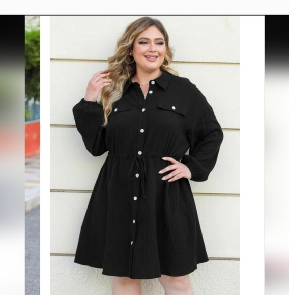 Boutique Button Up Collared Neck Drawstring Shirt Dress 1x - Picture 1 of 6